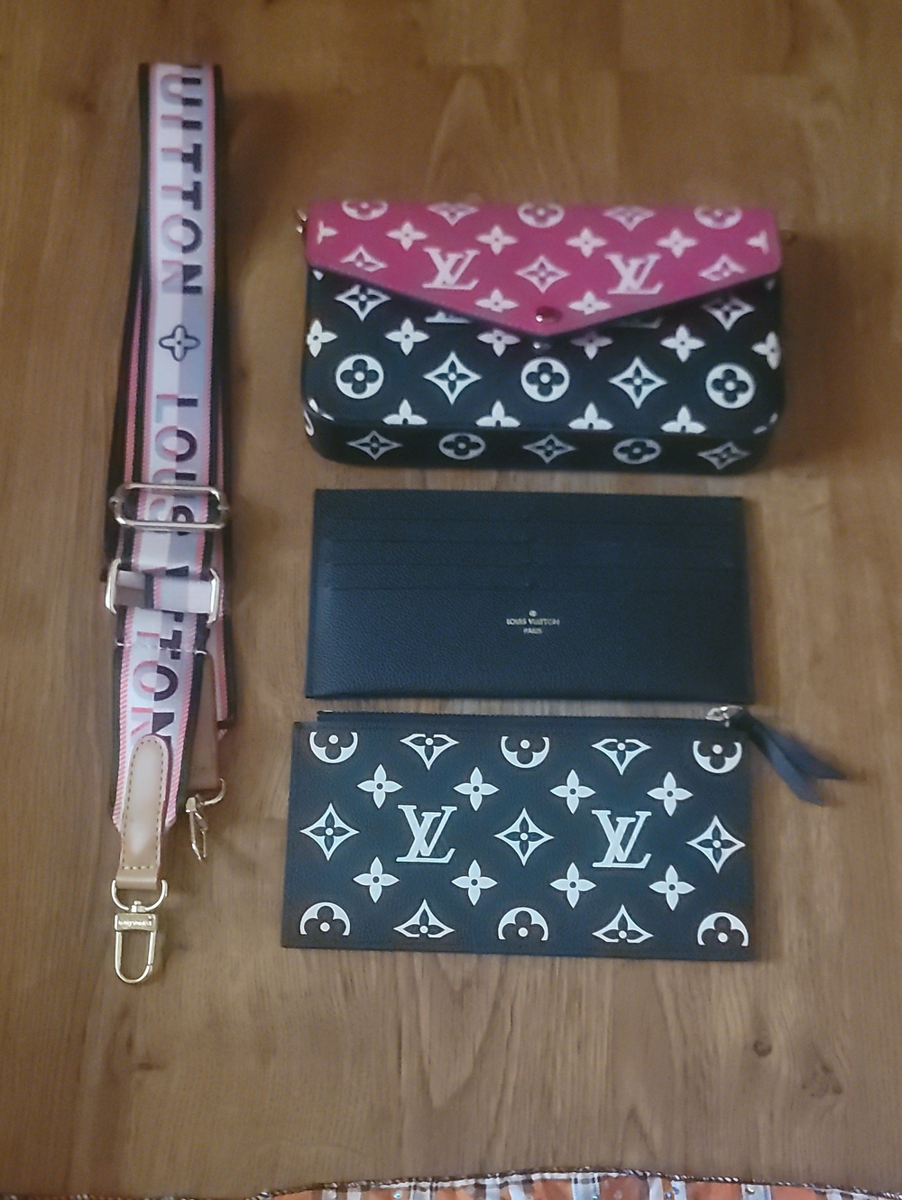 Unknown Source Pink and Black Monogram Flap Bag with Strap and Pouch